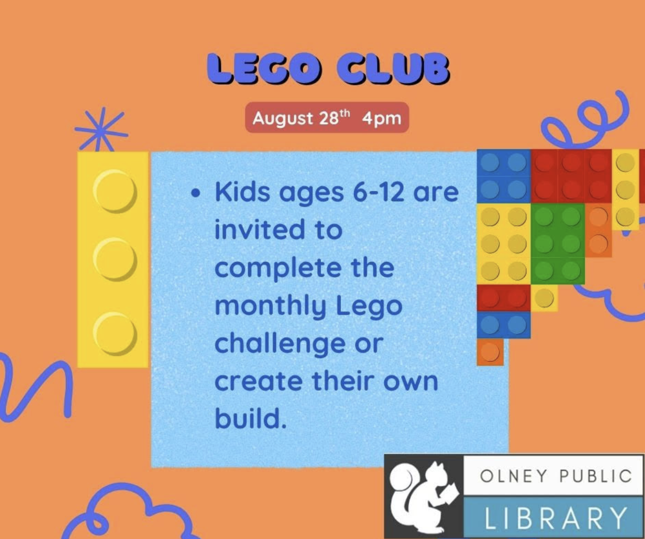 Image saying kids ages 6-12 are invited to create a lego challenge or build on their own.