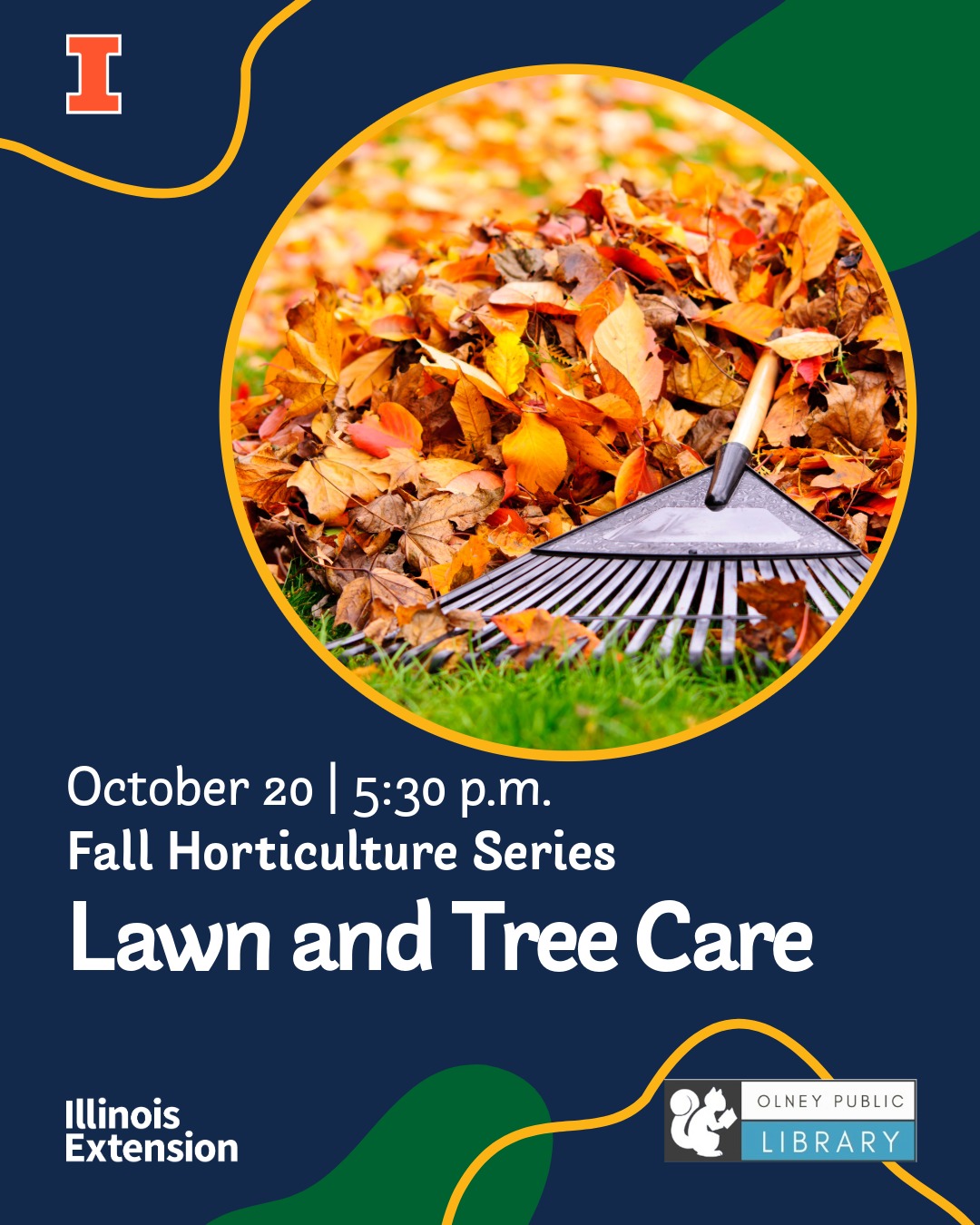 Lawn Care image of leaves on a lawn with a rack laying down on it.