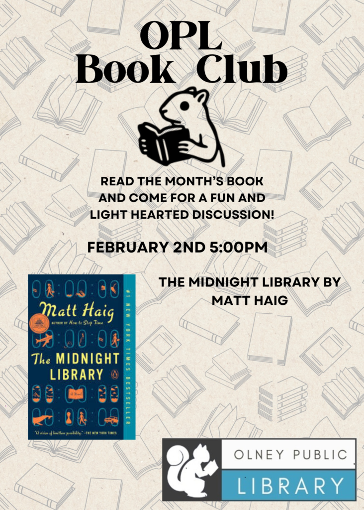Book Club Matt haig, The midnight library book image.