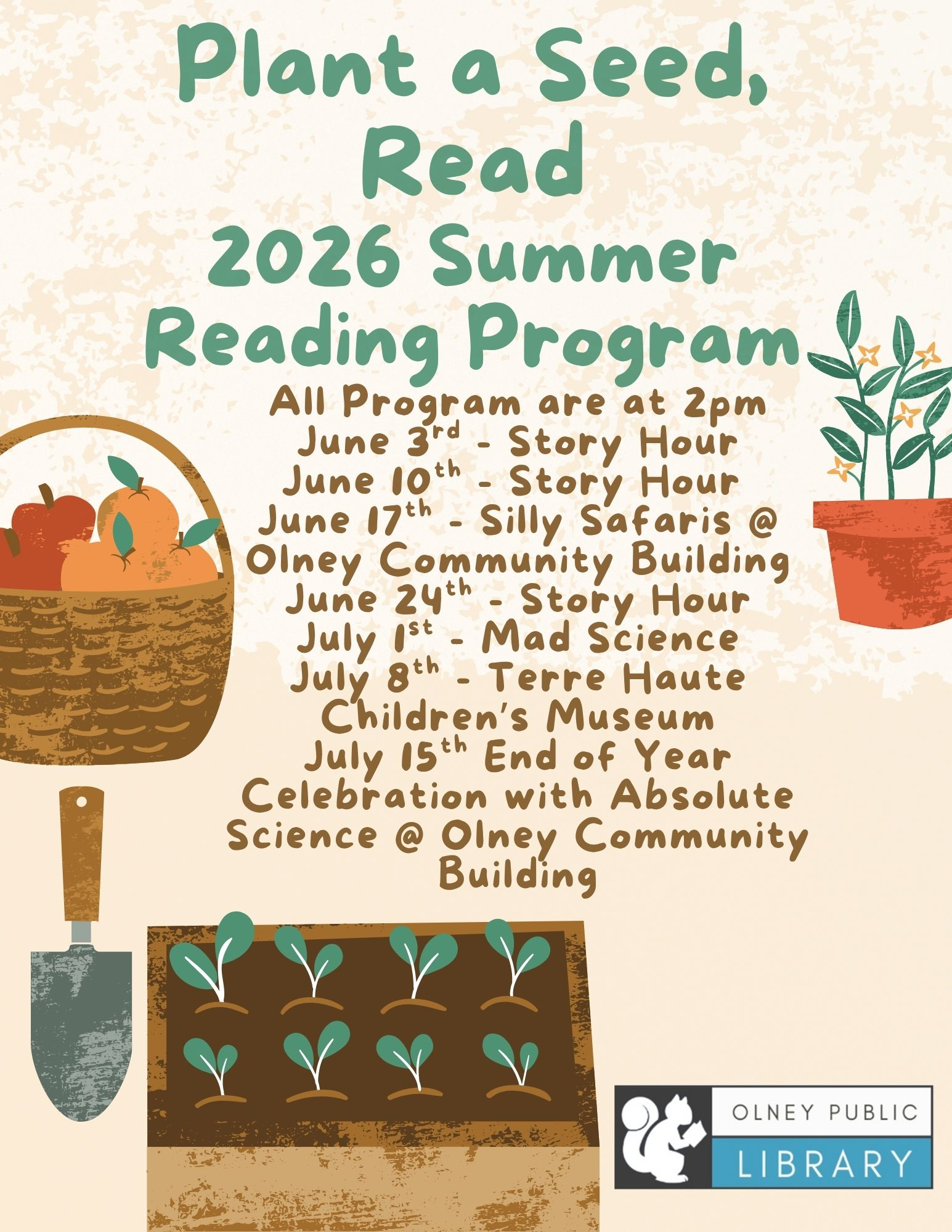 A list of dates for summer reading events